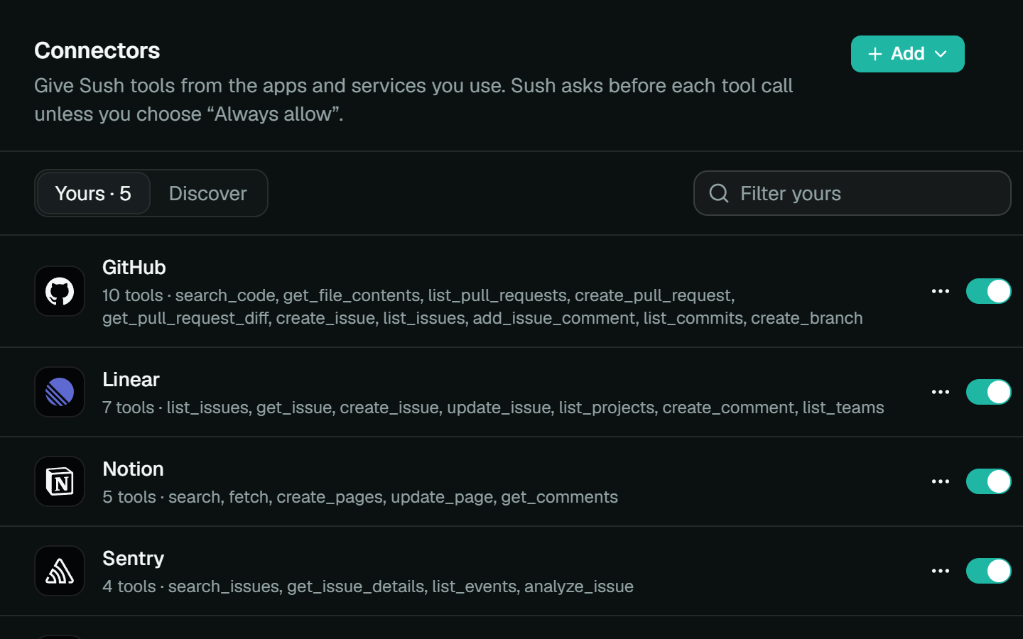 Settings, Connectors: GitHub, Linear, Notion, Sentry and Neon connected, each with its tools