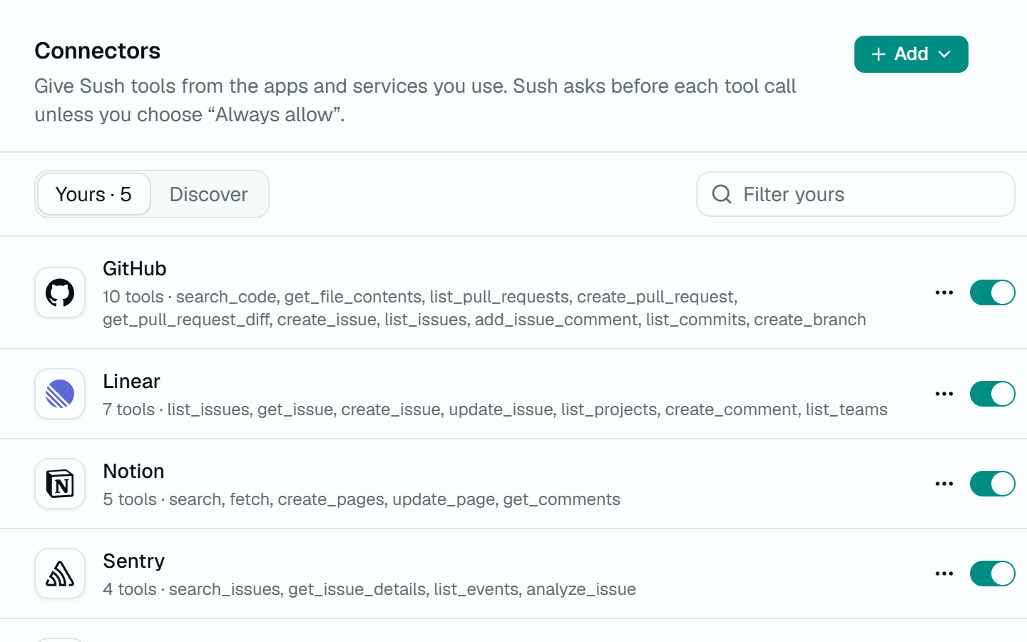Settings, Connectors: GitHub, Linear, Notion, Sentry and Neon connected, each with its tools