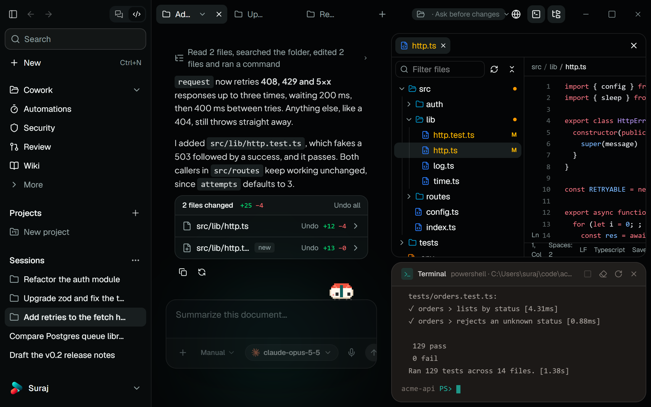 A Cowork session in the Sush harness: the agent's reply and the files it changed, beside the file tree, the edited file and a terminal