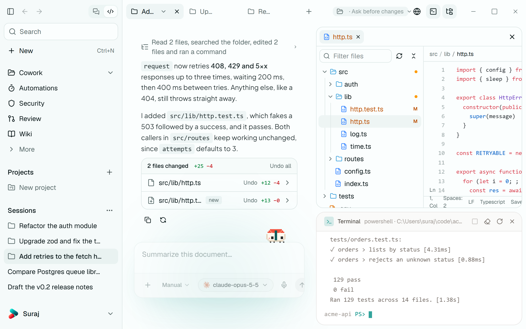 A Cowork session in the Sush harness: the agent's reply and the files it changed, beside the file tree, the edited file and a terminal