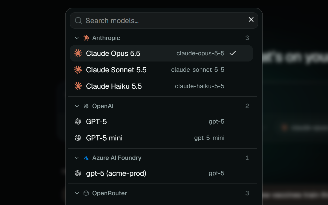 The model picker, listing models from Anthropic, OpenAI, Azure AI Foundry and OpenRouter