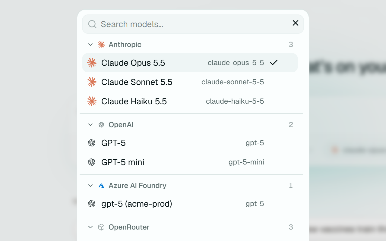 The model picker, listing models from Anthropic, OpenAI, Azure AI Foundry and OpenRouter