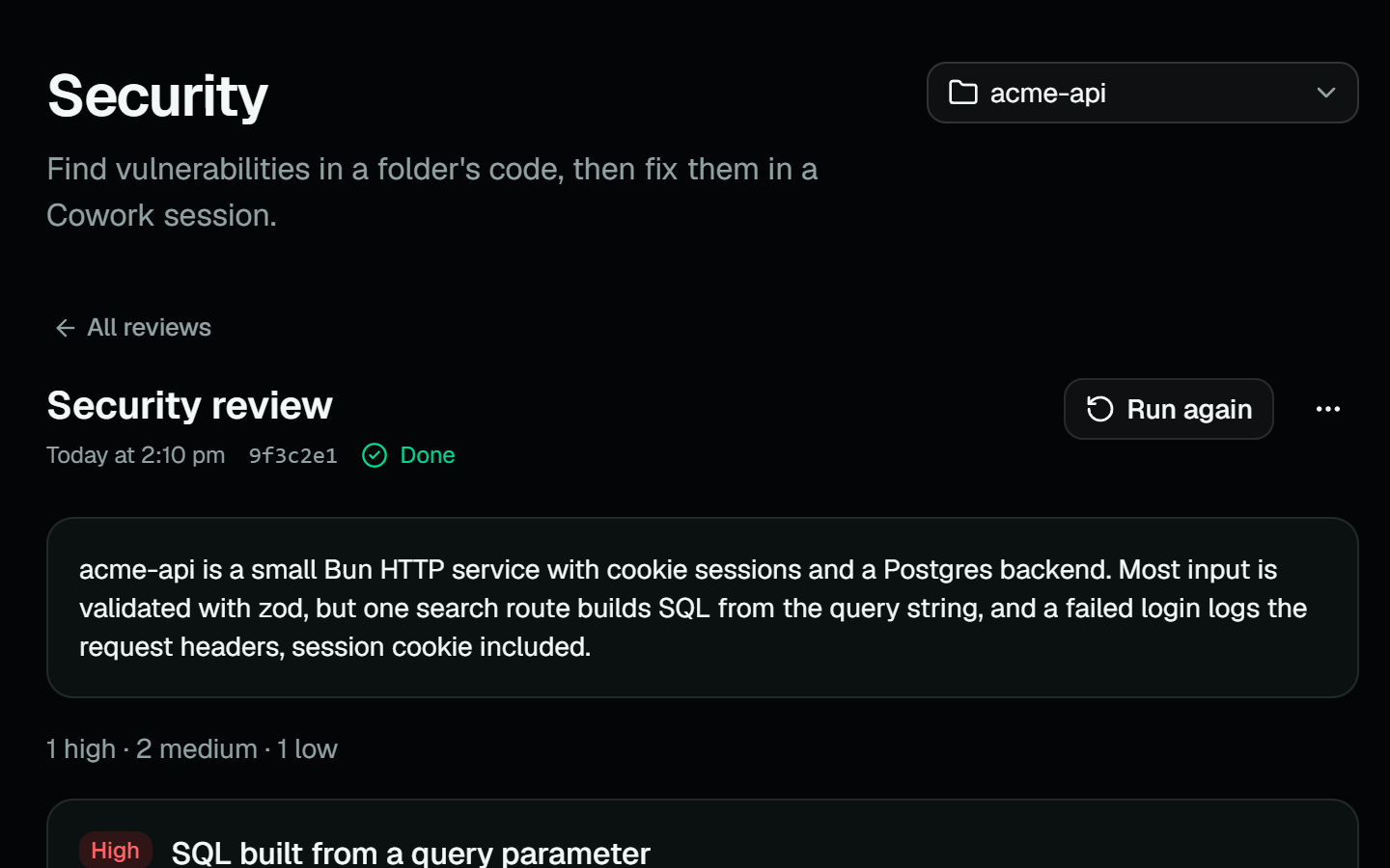 A finished security review: a summary, then a high-severity finding with its file, line and a suggested fix