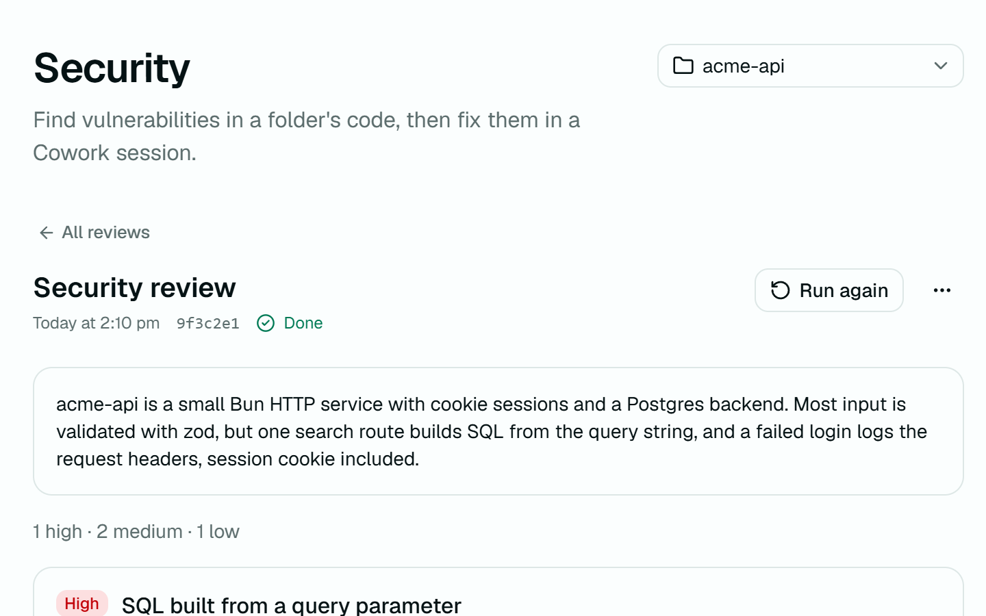 A finished security review: a summary, then a high-severity finding with its file, line and a suggested fix