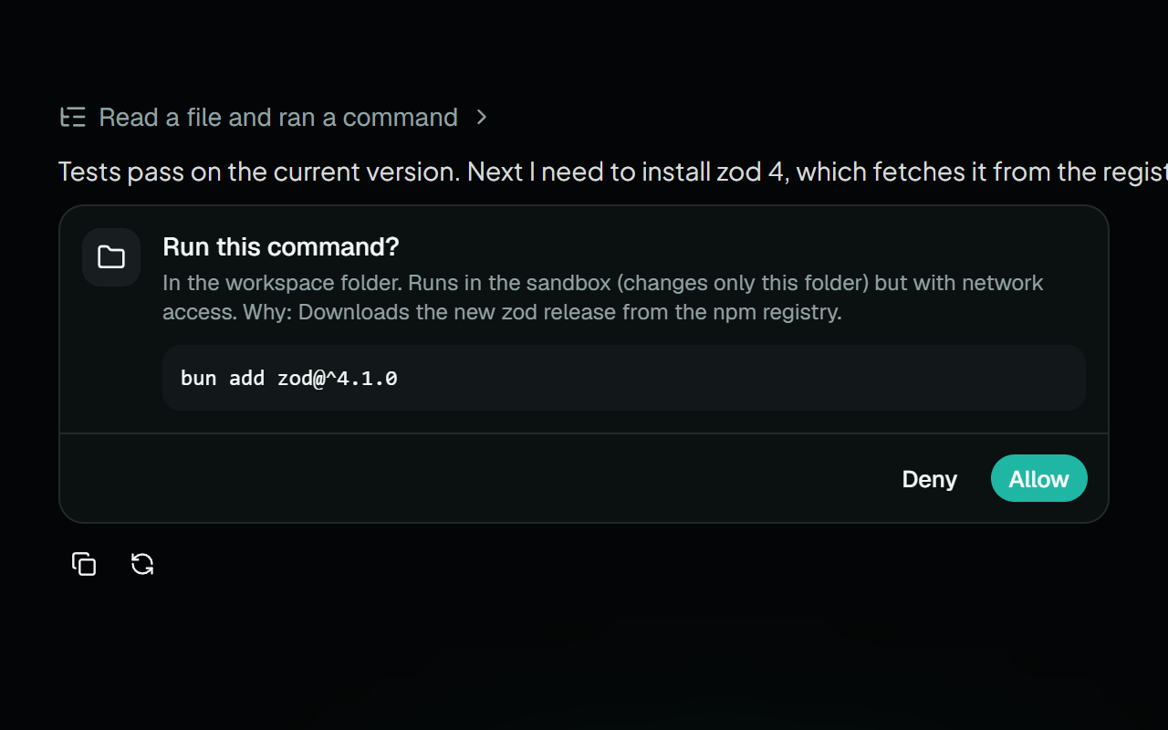 The harness asking before it runs a command, saying it runs in the sandbox and why it needs the network