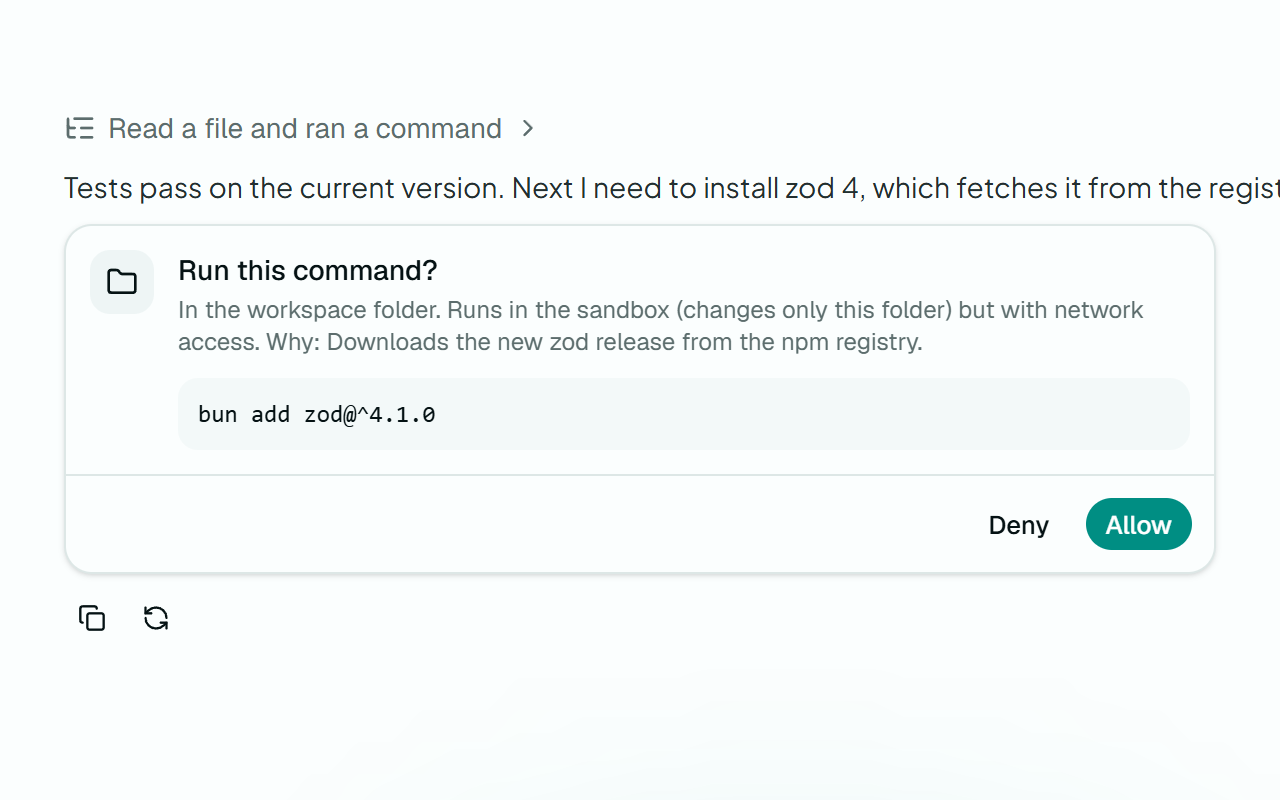 The harness asking before it runs a command, saying it runs in the sandbox and why it needs the network