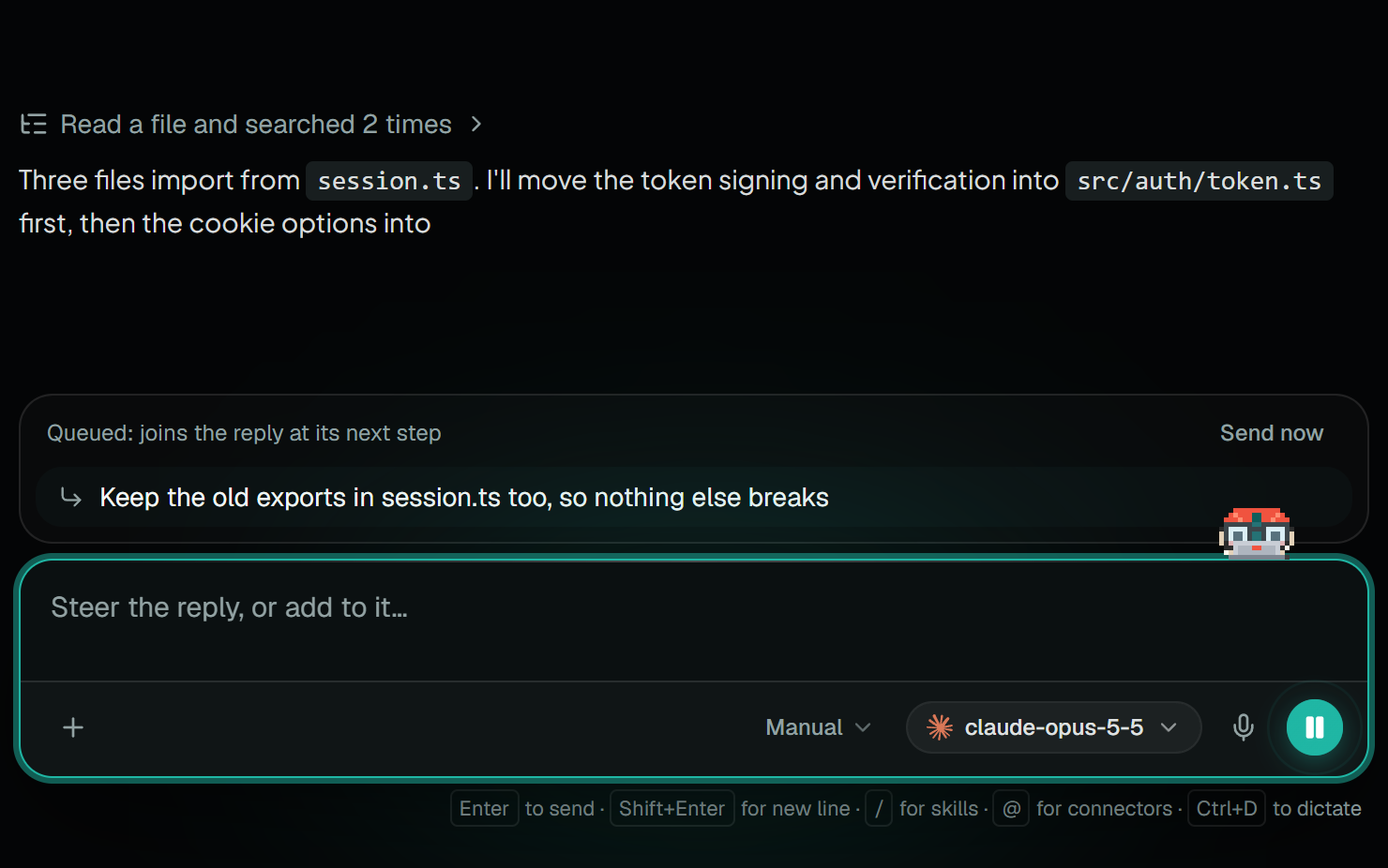 A message queued while the agent works, with a Send now button