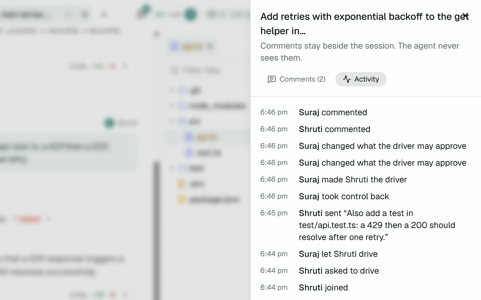 The activity log: Shruti joined, asked to drive, sent a message, and Suraj took control back