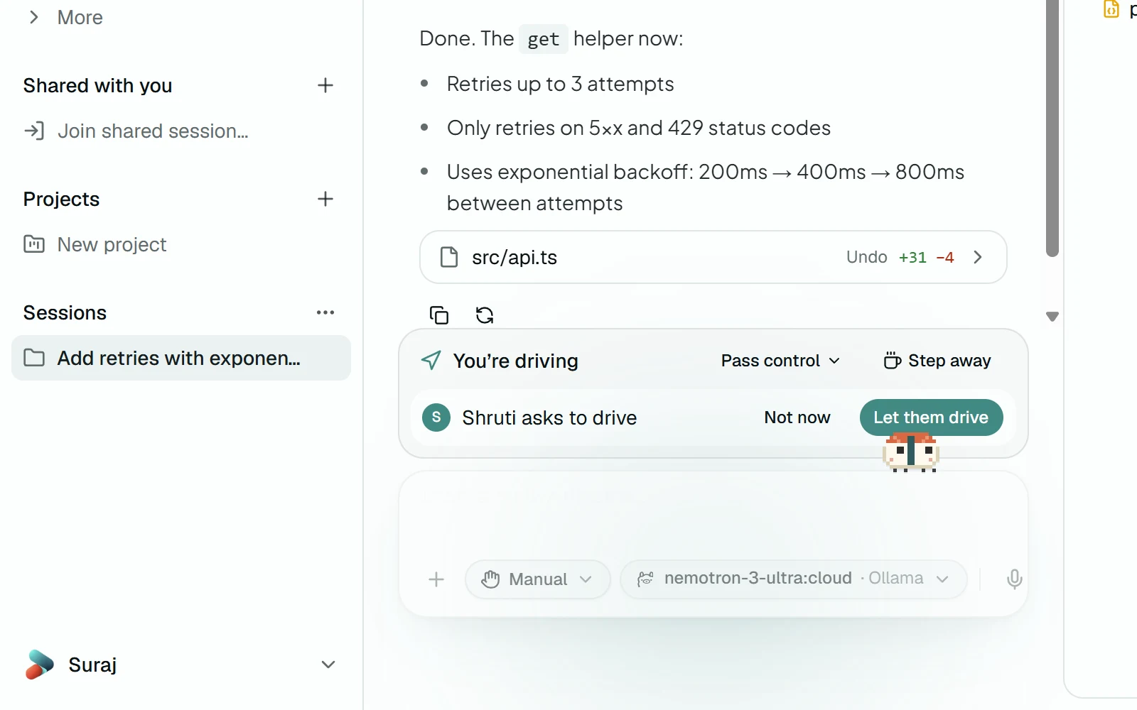 The control banner in the harness: Suraj is driving, and Shruti asks to drive, with Not now and Let them drive