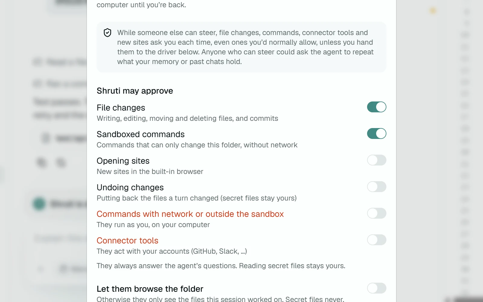 The list of what Shruti may approve, with file changes and sandboxed commands switched on