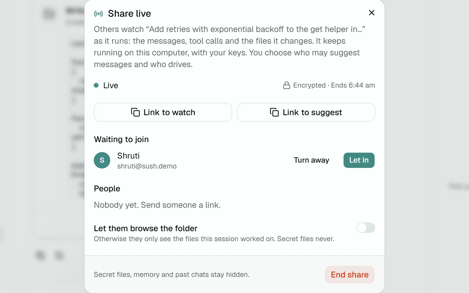 The share dialog with Shruti waiting to join, and Turn away and Let in buttons