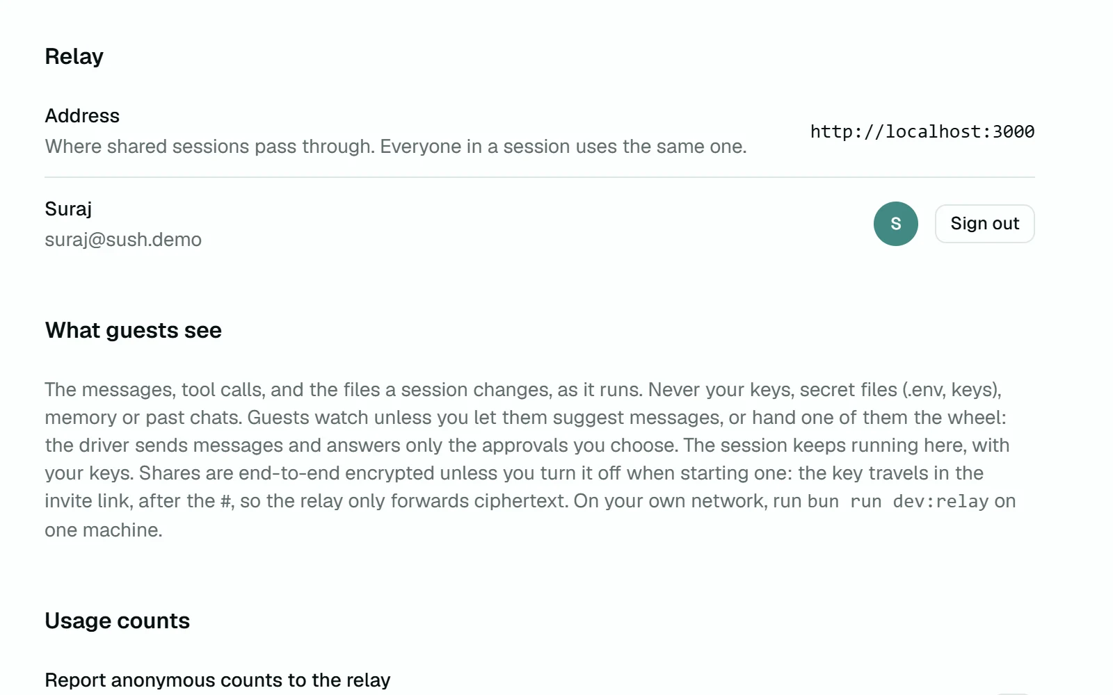 Settings, Sharing: the relay address, the signed-in account, and what guests see