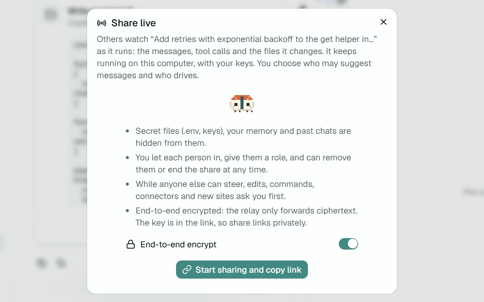 The Share live dialog before sharing, with the End-to-end encrypt switch on