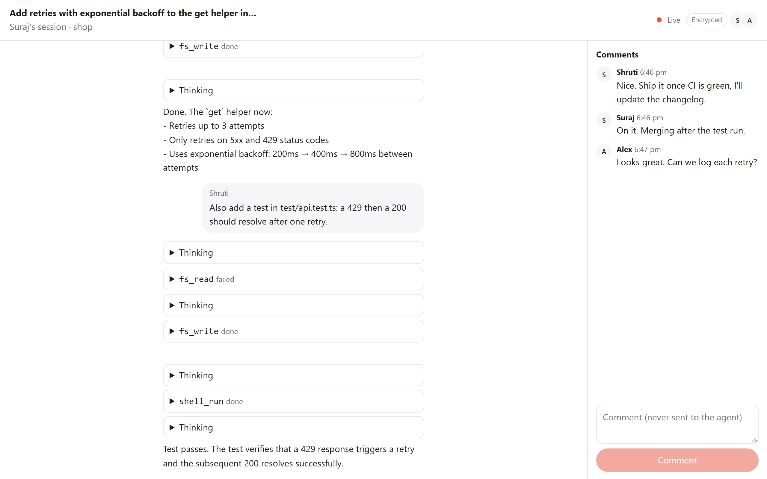 The browser viewer: the session's transcript and a comments column with three comments